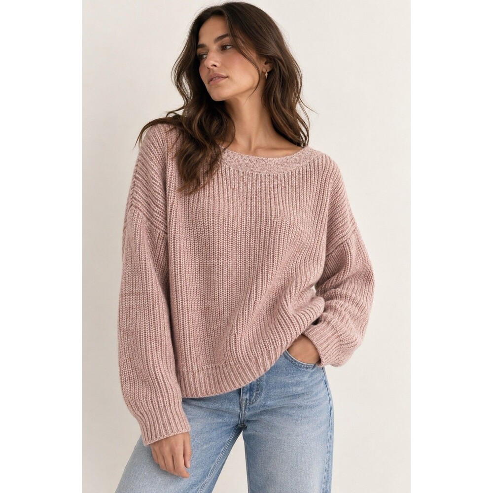 Quince Organic Cotton Fisherman Rib Boatneck Sweater Pink XL Oversized